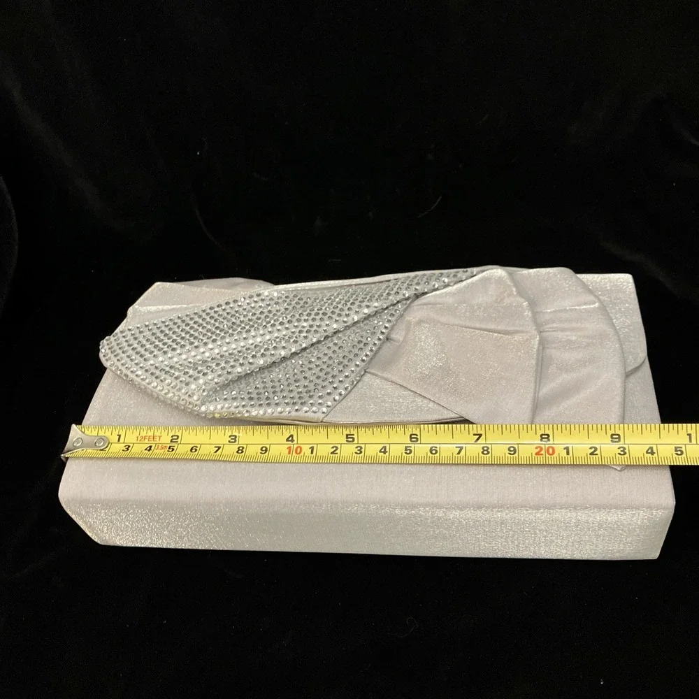 VTG Silver Rhinestone Crystal Bow Crossbody Silk Clutch Purse Jessica McClintock